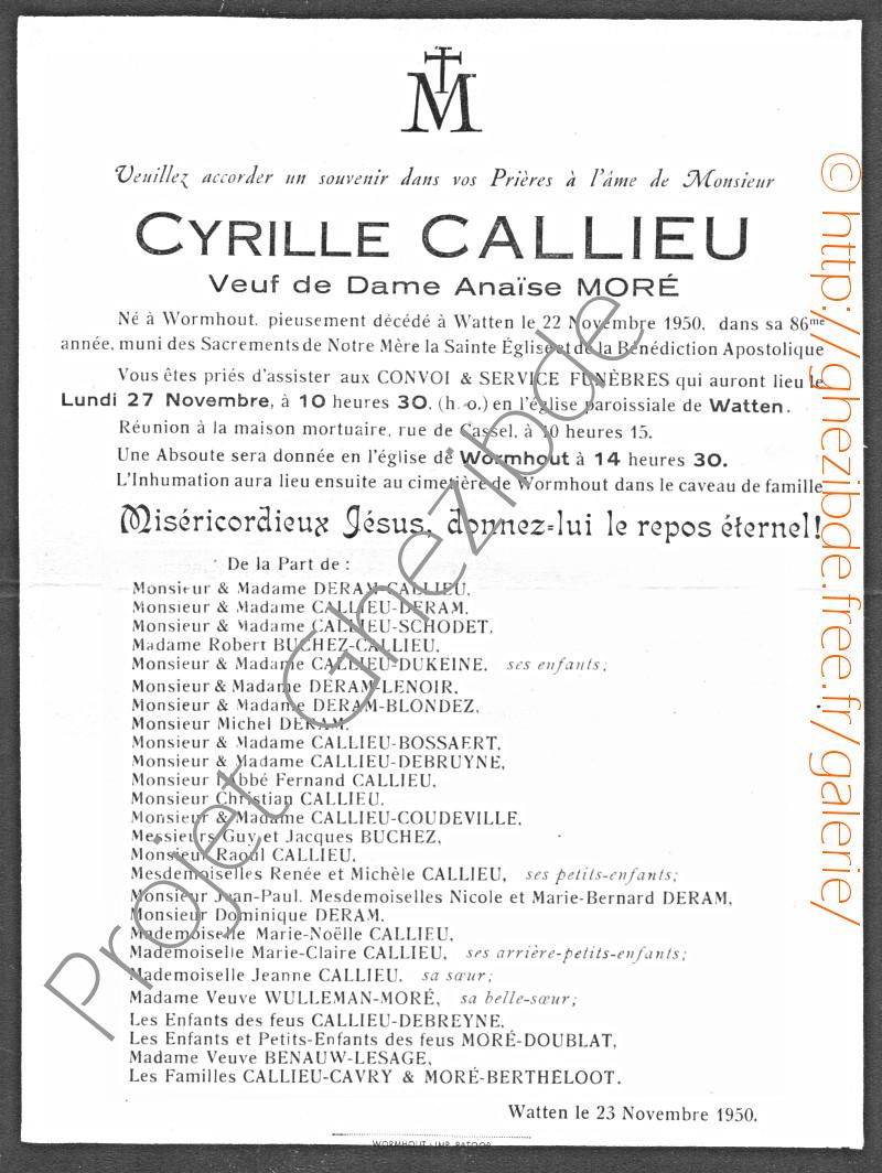 Cyrille Achille Arthur CALLIEU veuf MORÉ, décédé à Watten, le 22 Novembre 1950 (85 ans).